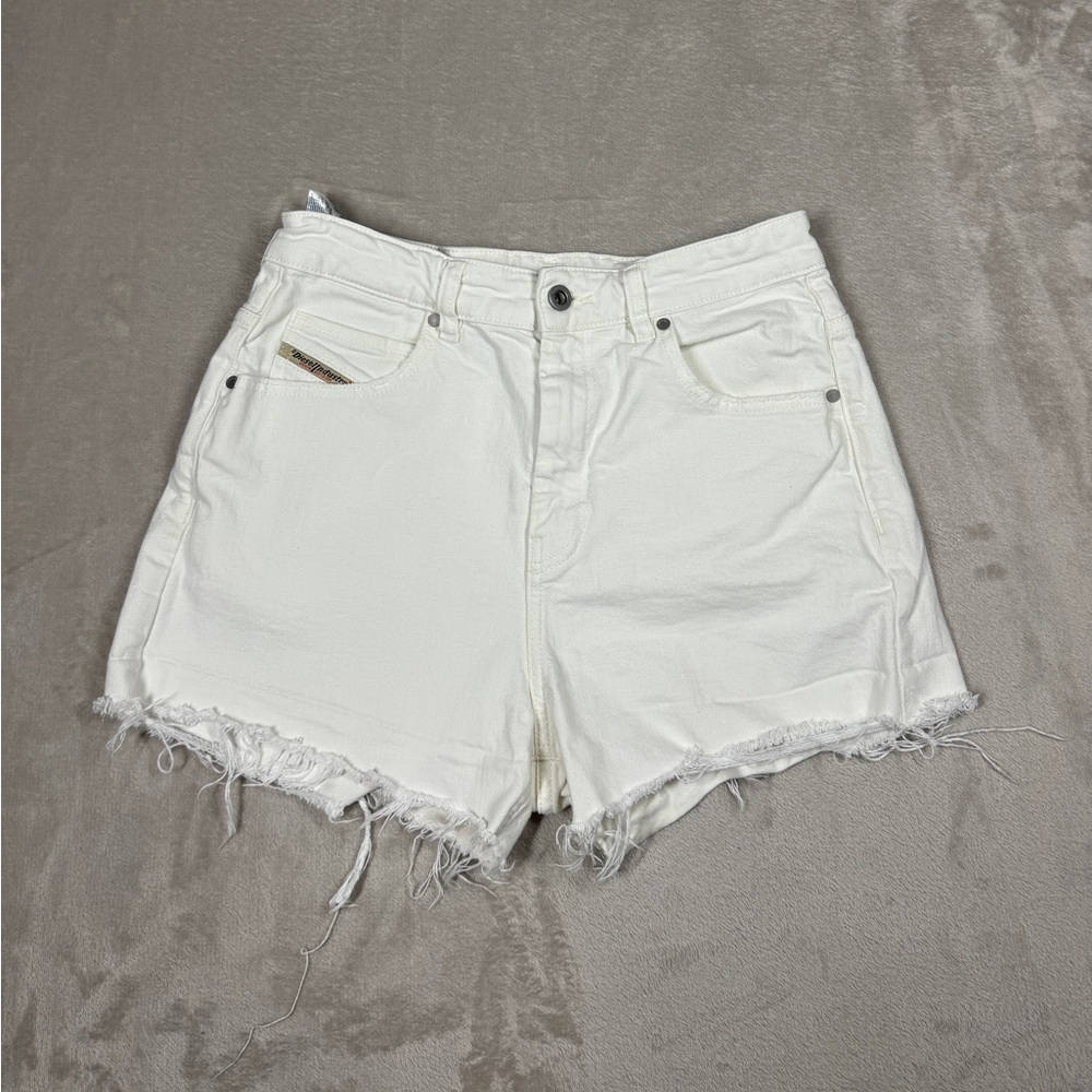 Diesel Women’s White Denim Cut Off Raw Hem Hight Rise Cotton Blend Shorts 28